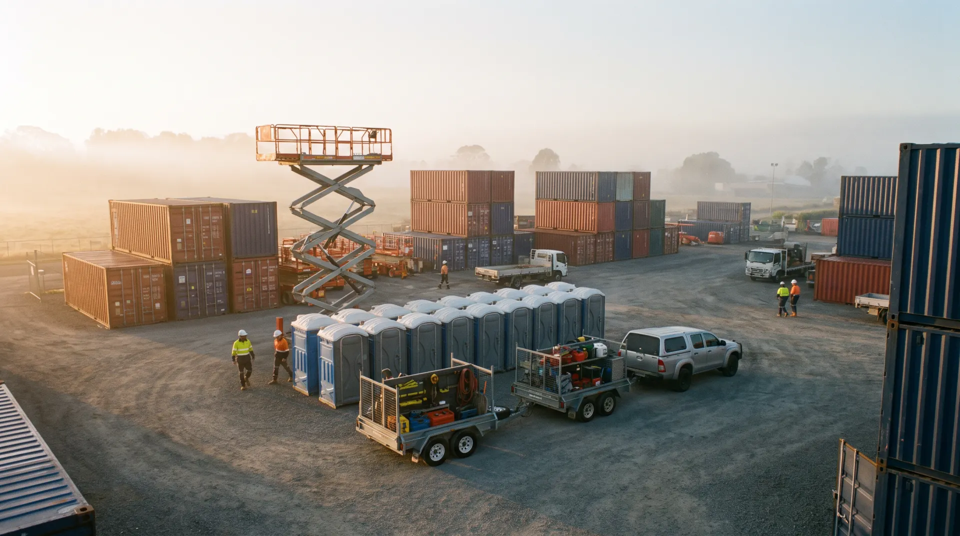 Equipment hire yard with containers and a scissor lift