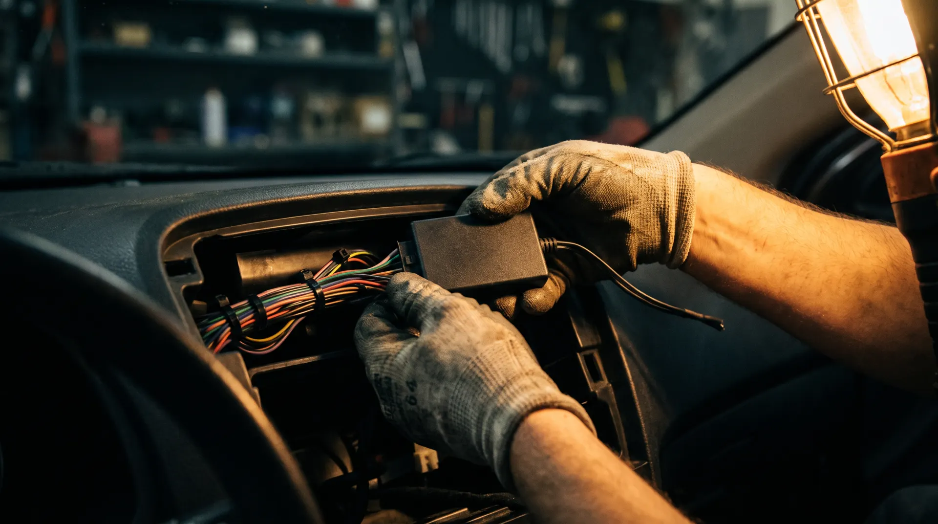 Auto electrician wiring a GPS tracker behind a dashboard