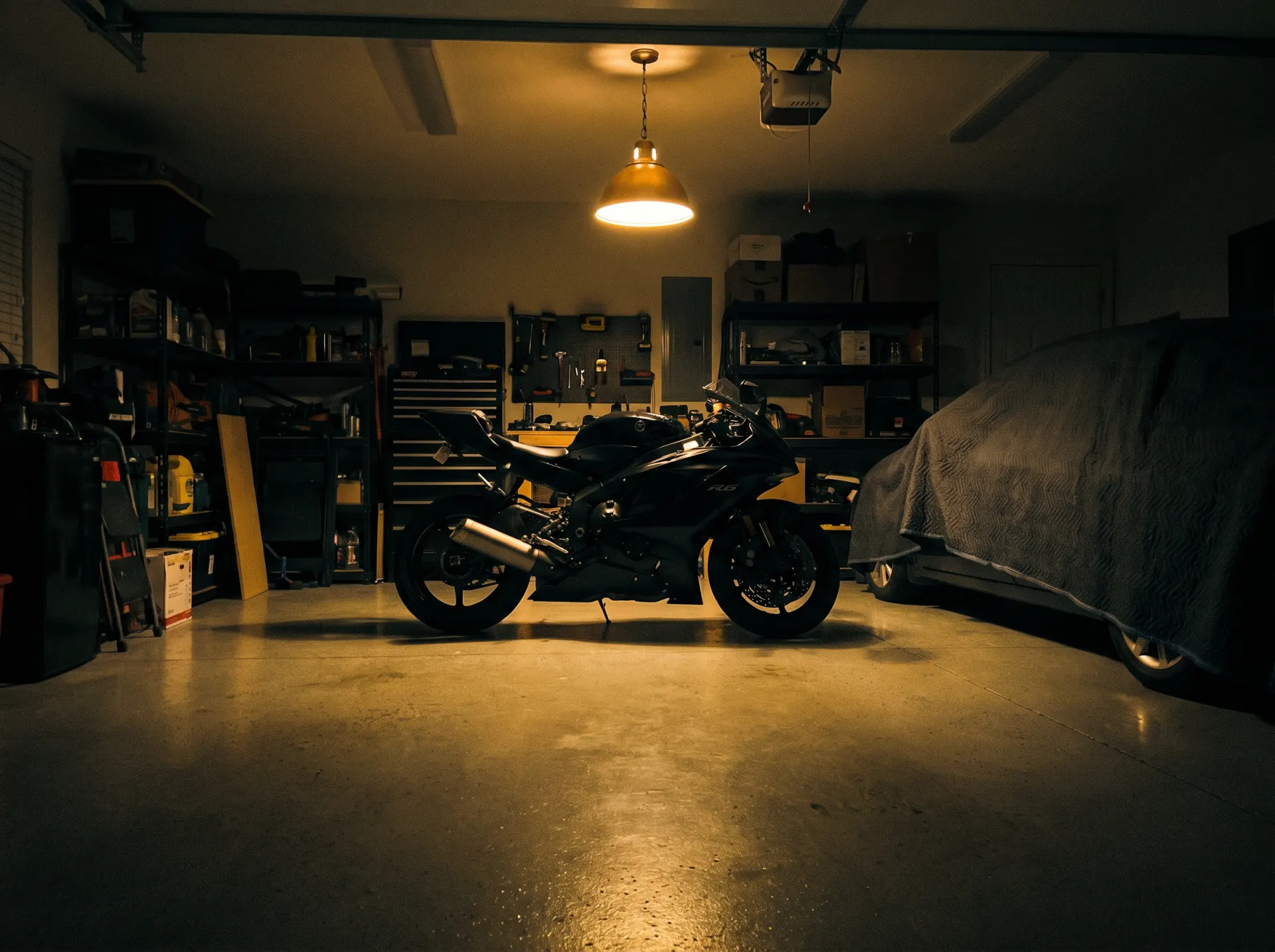 Motorbike parked in a garage at night