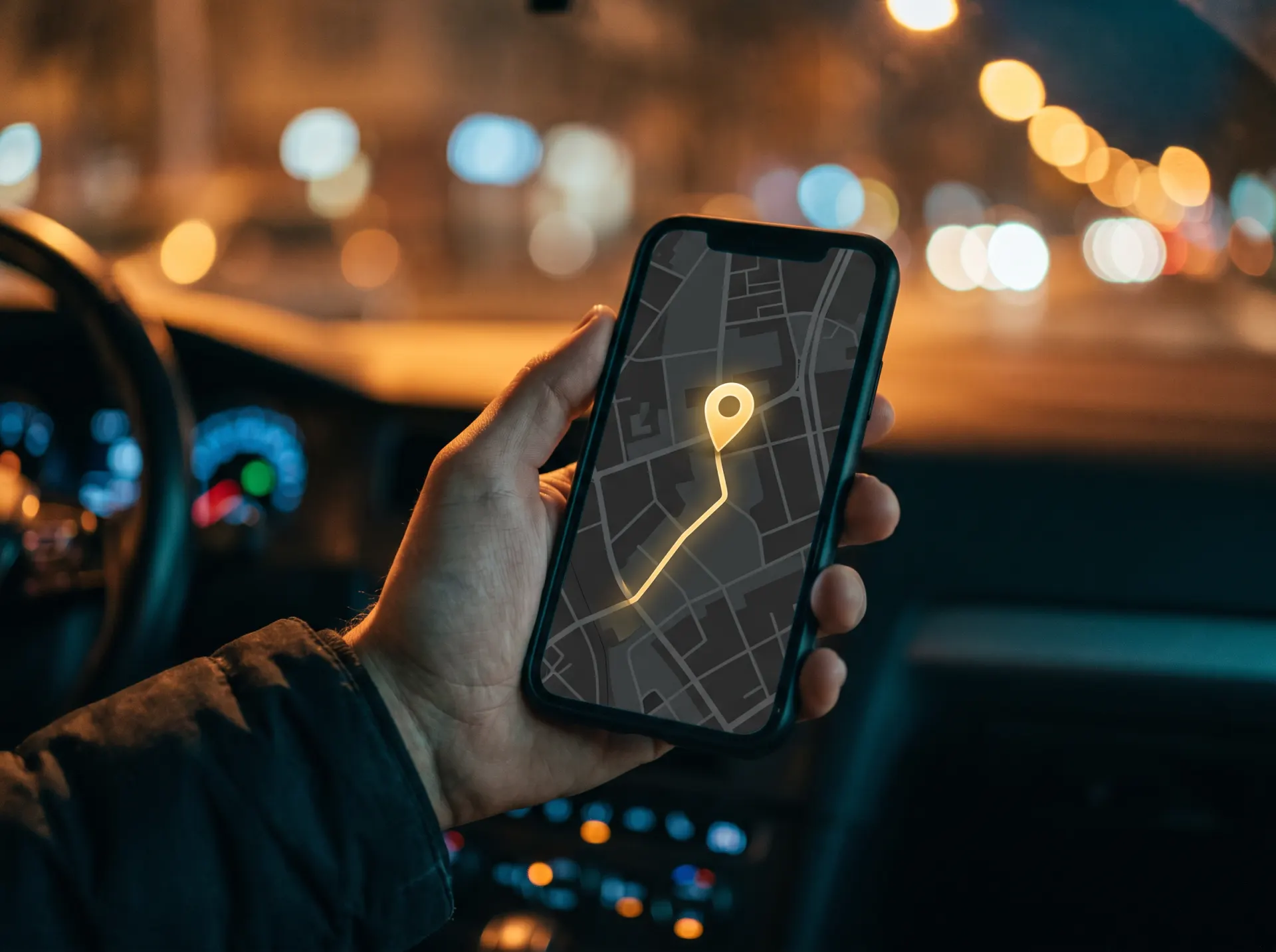 Live GPS tracking map on a phone inside a car