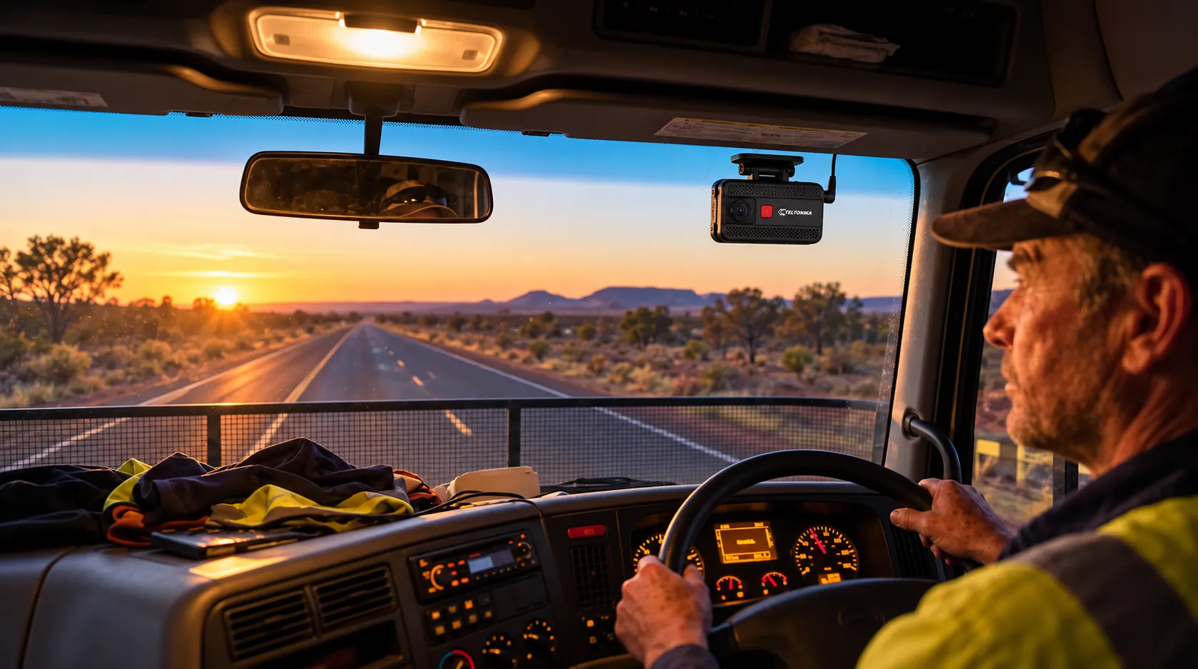 Truck driver with an AI dashcam on the windscreen
